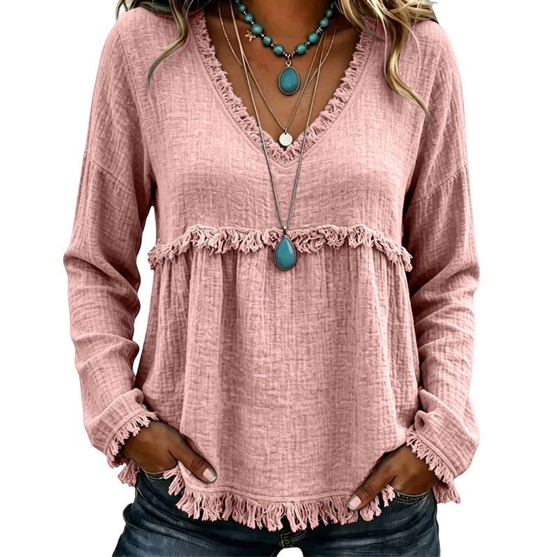 Ariselle - Bluse mit Fransenbesatz und V-Ausschnitt