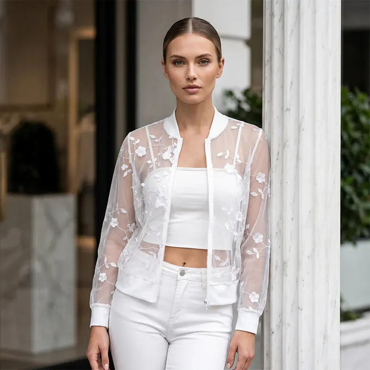 Aderisse - Transparenter floraler Reißverschluss-Cardigan
