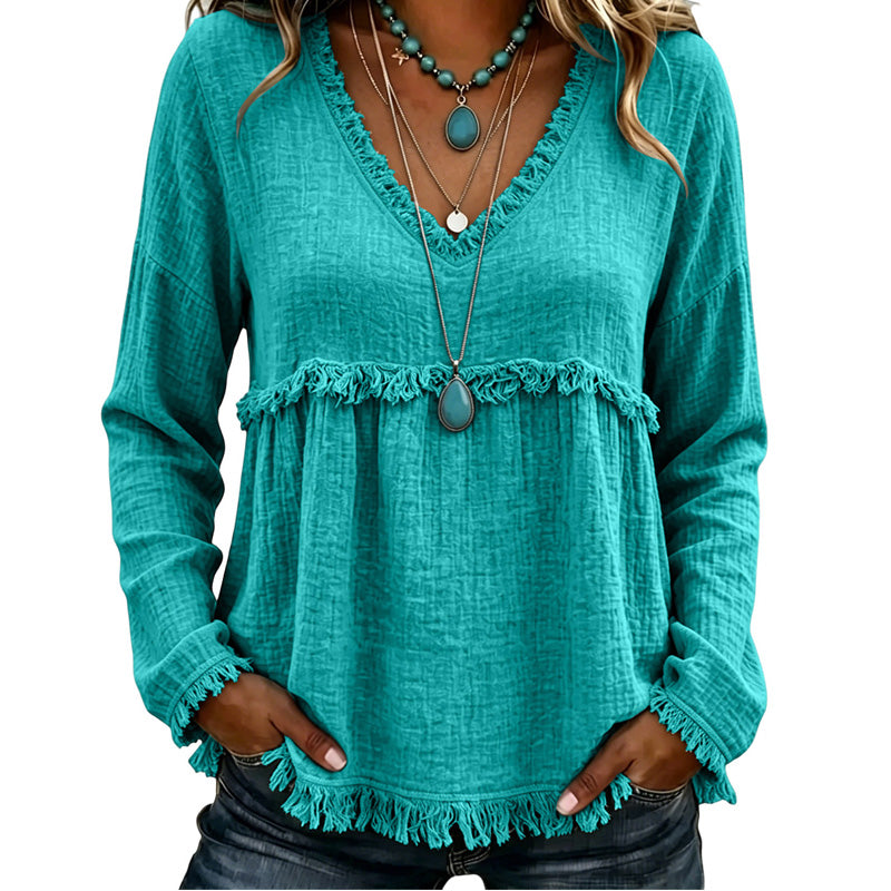Ariselle - Bluse mit Fransenbesatz und V-Ausschnitt