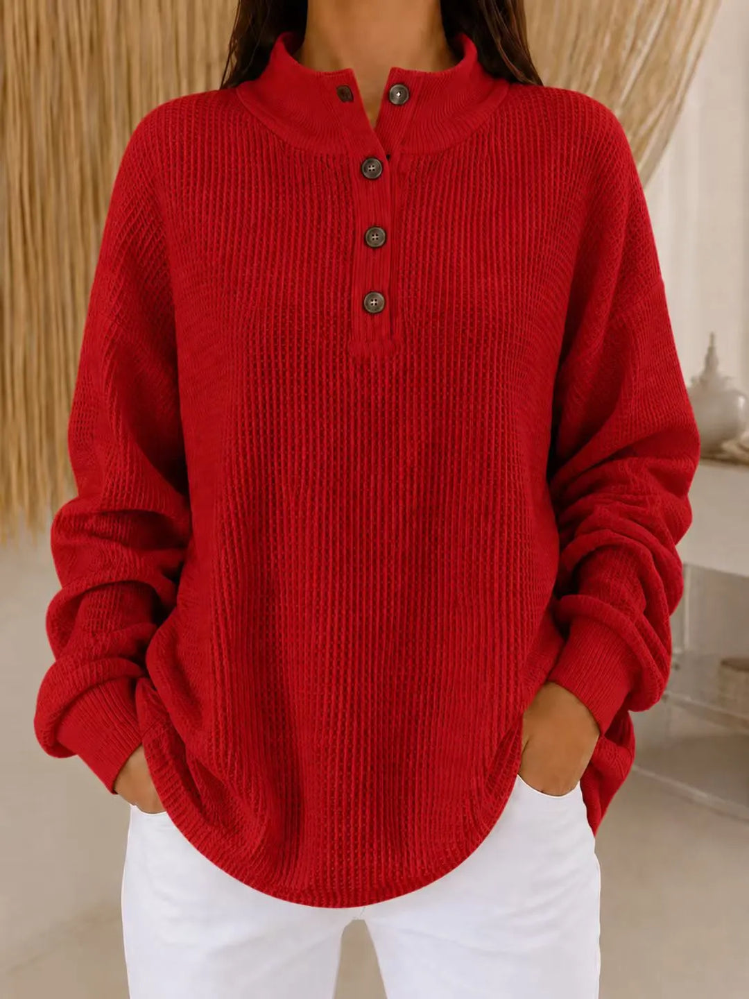 Belliora - Strukturstrick-Pullover mit Kragen und Knopfleiste