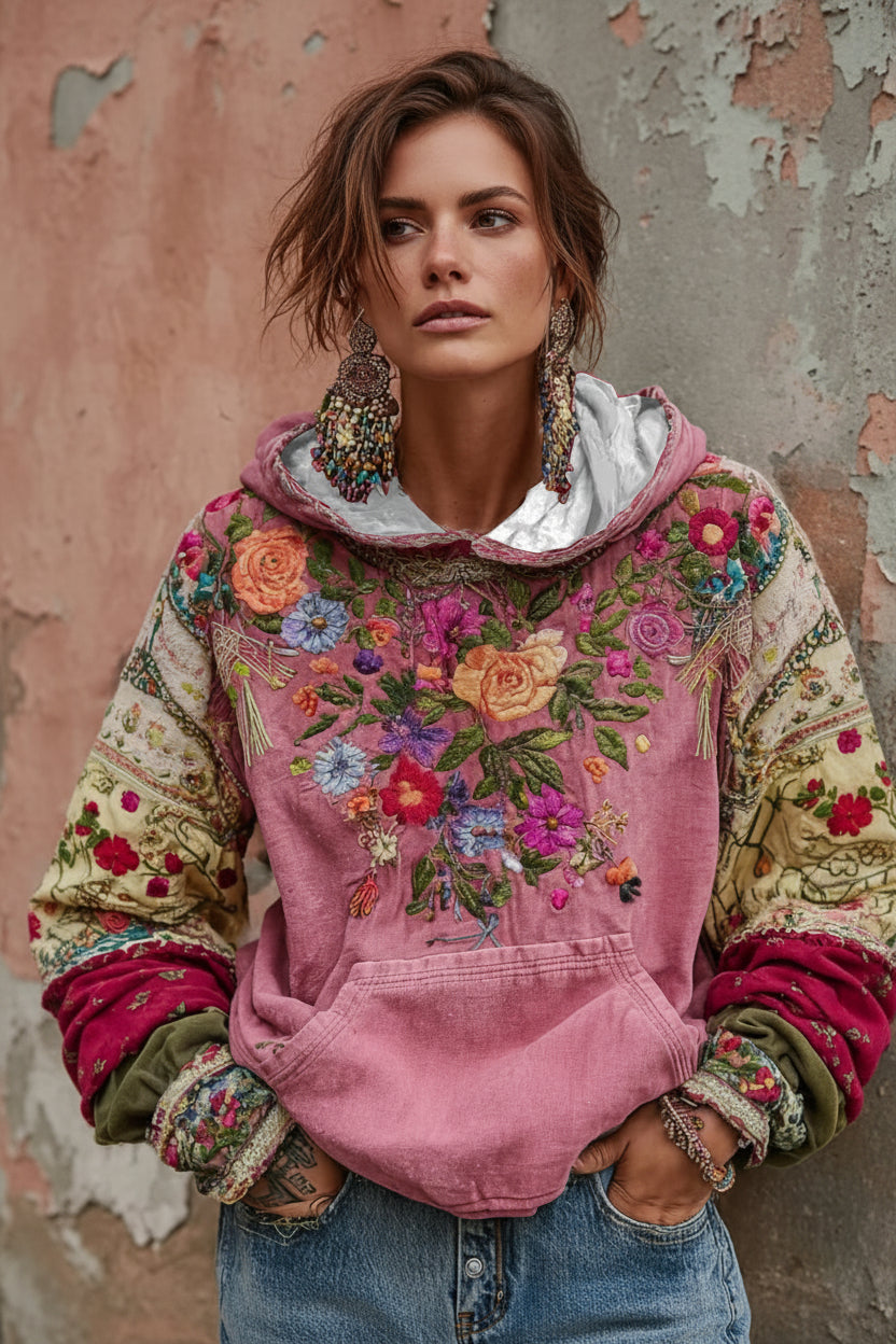 Mirevessa - Hoodie mit floralem Stickereinsatz und Soft-Touch