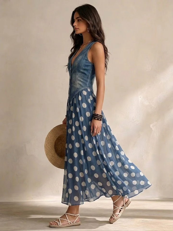 Ameliora - Gepunktetes Materialmix-Kleid