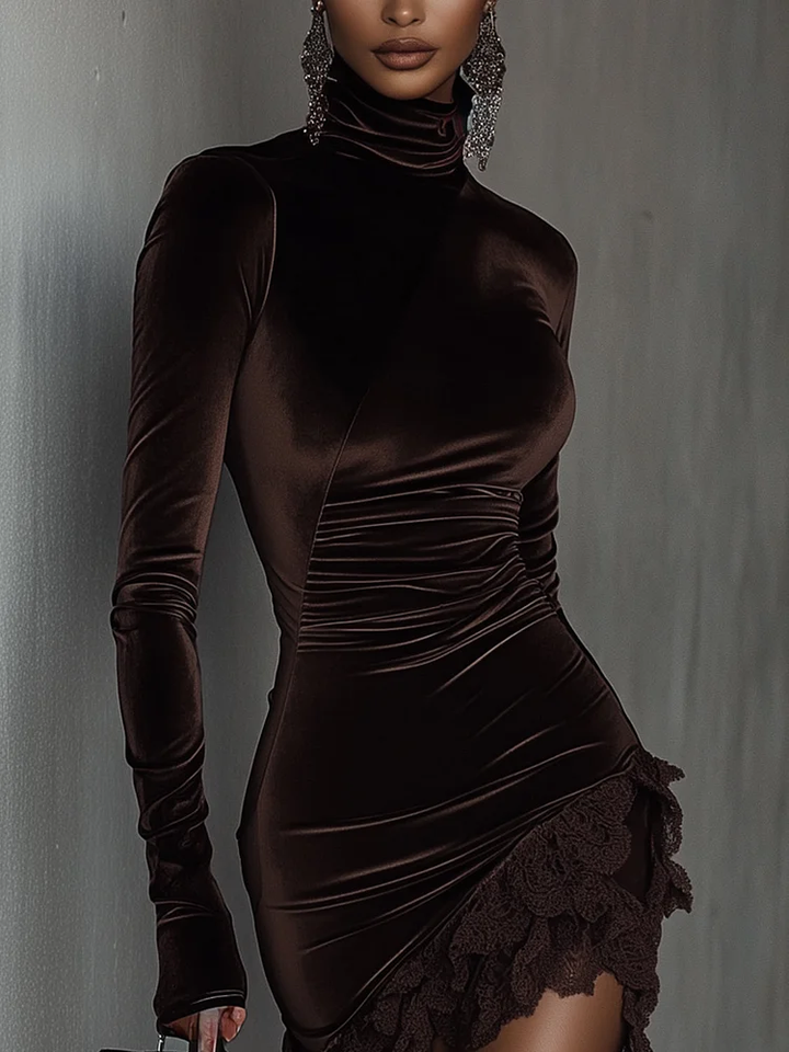 Arcelisse - Minikleid mit Rollkragen aus Samt und Spitze