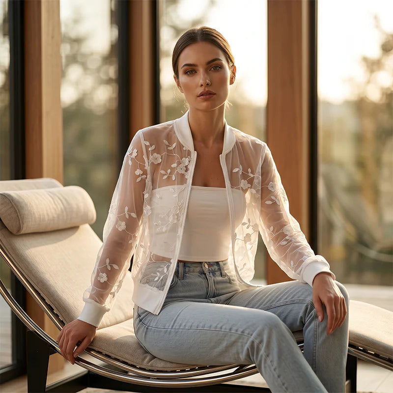 Aderisse - Transparenter floraler Reißverschluss-Cardigan
