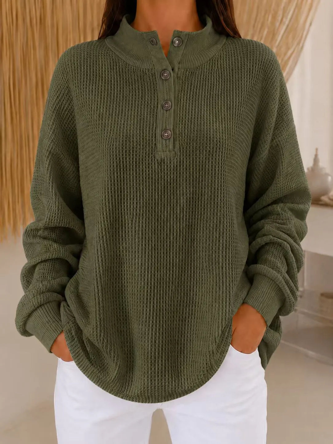 Belliora - Strukturstrick-Pullover mit Kragen und Knopfleiste