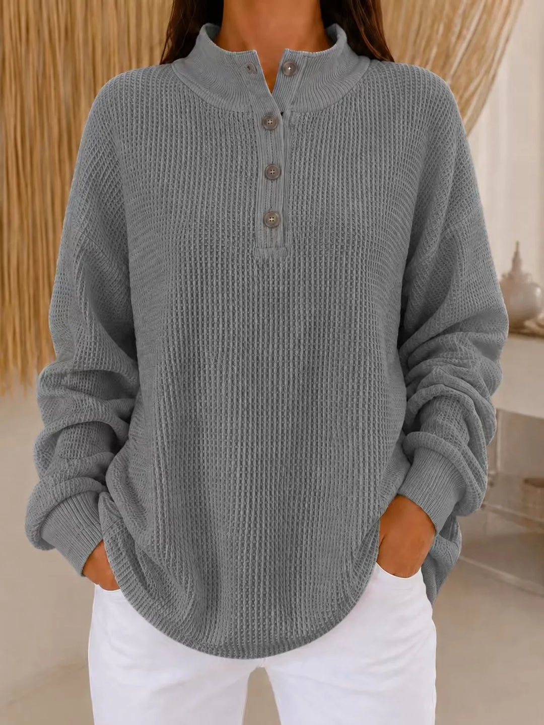 Belliora - Strukturstrick-Pullover mit Kragen und Knopfleiste