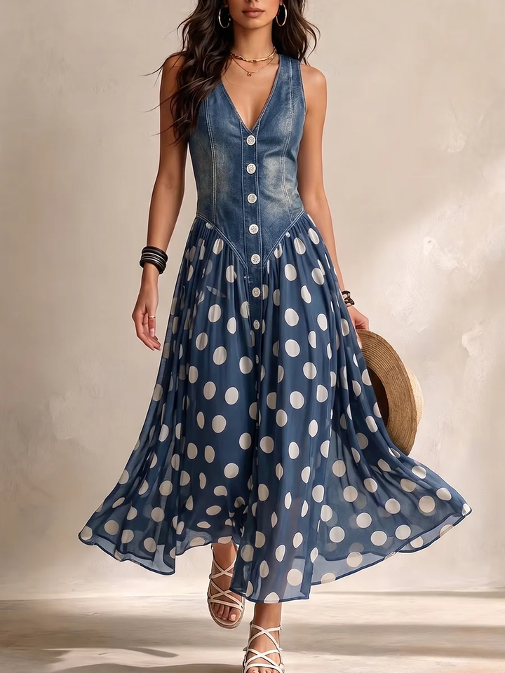 Ameliora - Gepunktetes Materialmix-Kleid