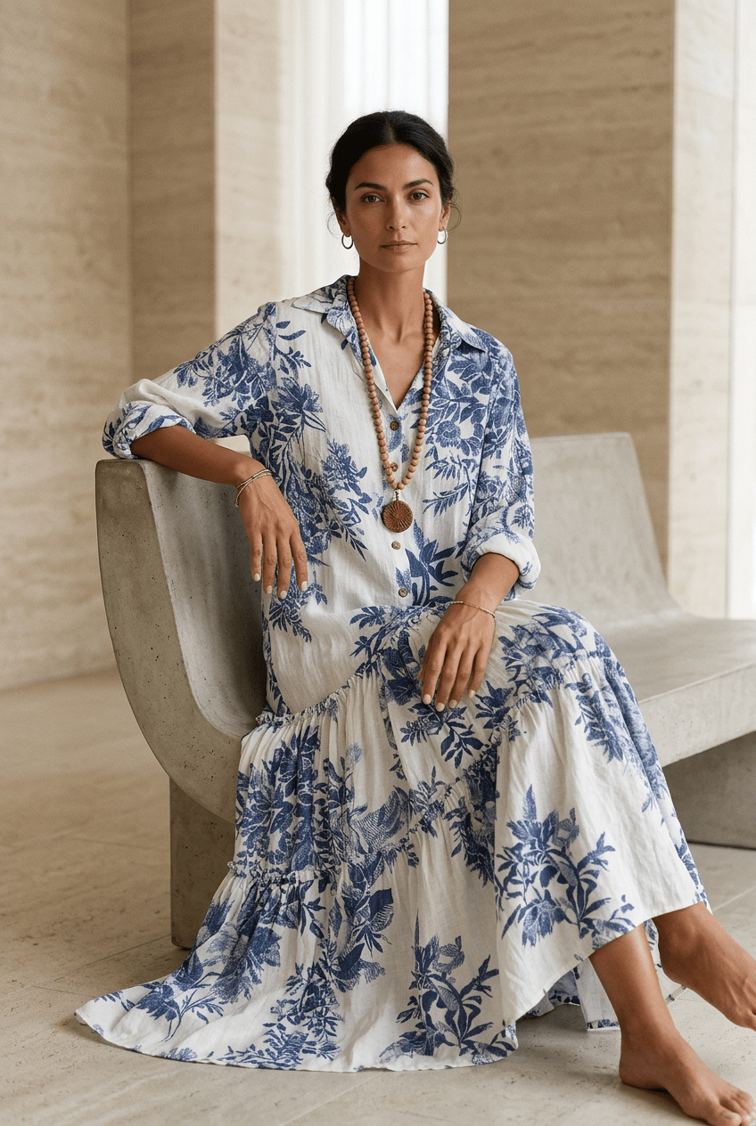 Thealise - Leichtes, florales Maxikleid mit Knopfleiste