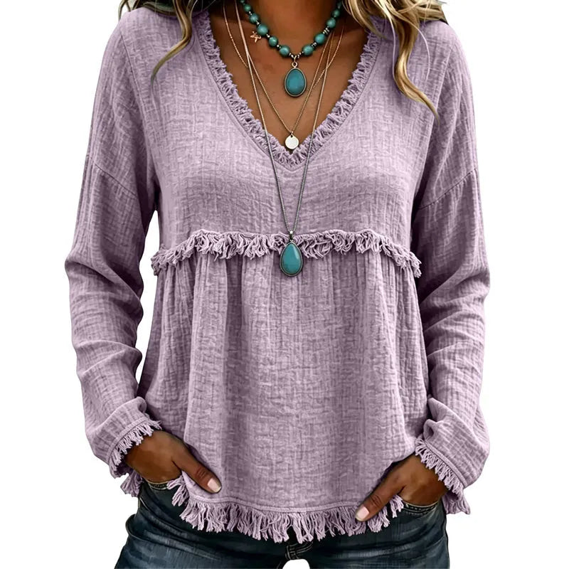 Ariselle - Bluse mit Fransenbesatz und V-Ausschnitt