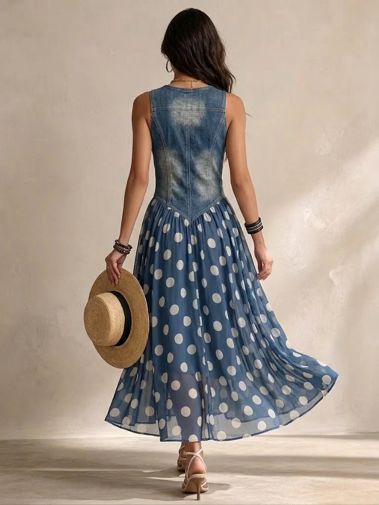 Ameliora - Gepunktetes Materialmix-Kleid