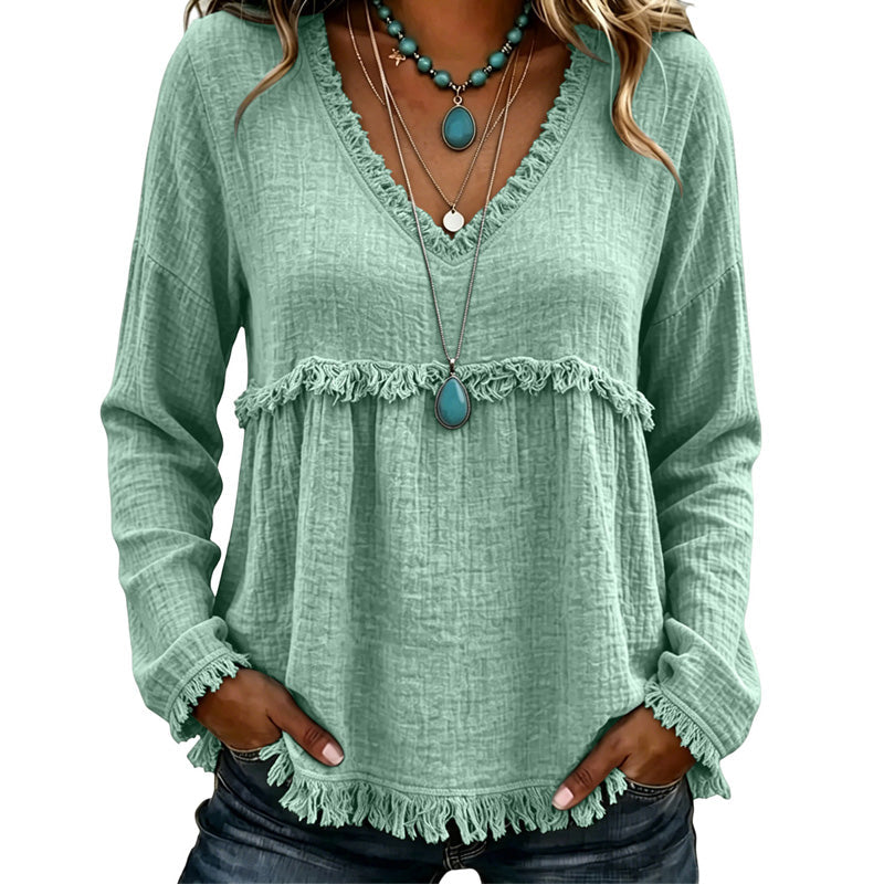 Ariselle - Bluse mit Fransenbesatz und V-Ausschnitt