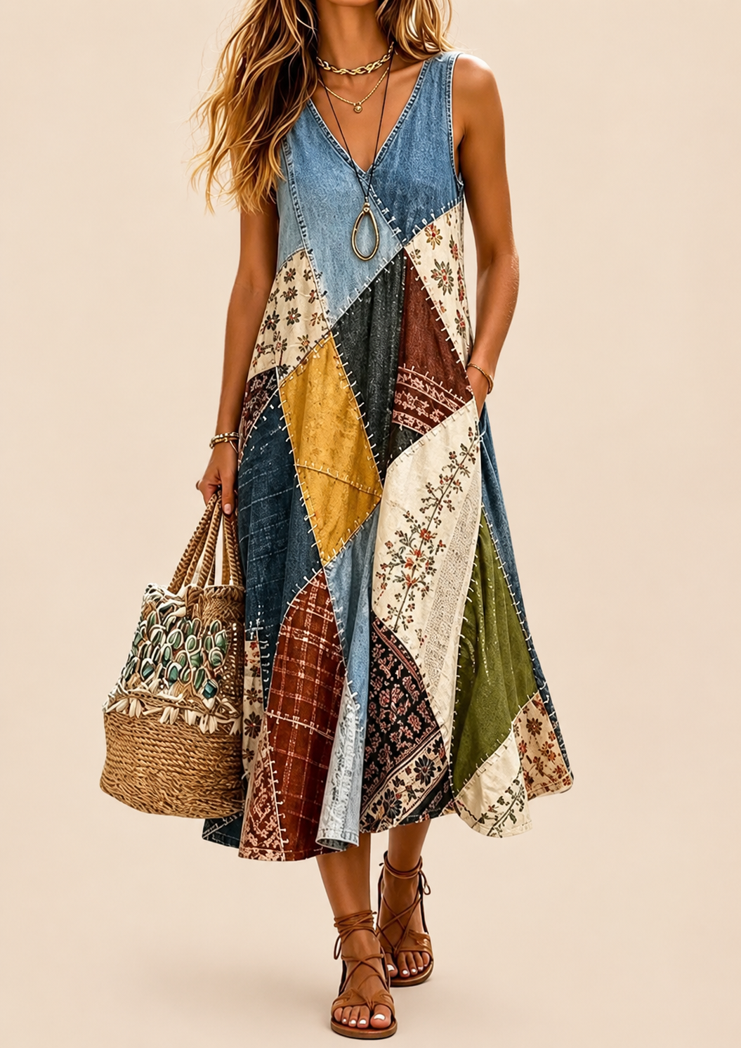 Arwyn - Fließendes Patchwork-Boho-Kleid