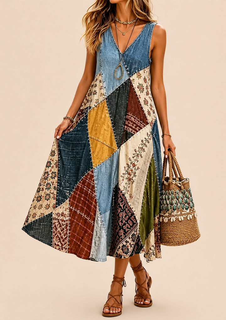 Arwyn - Fließendes Patchwork-Boho-Kleid