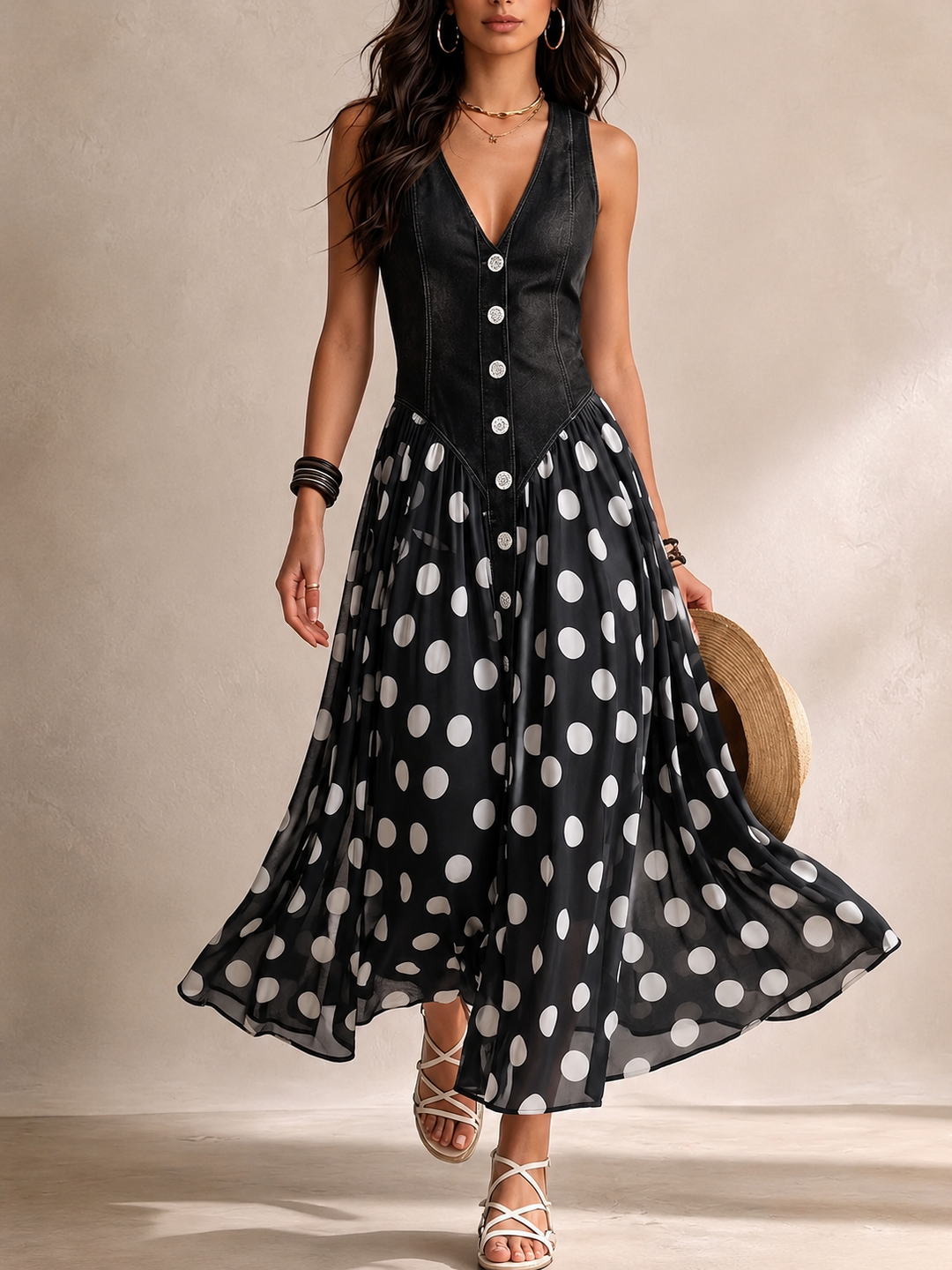 Ameliora - Gepunktetes Materialmix-Kleid