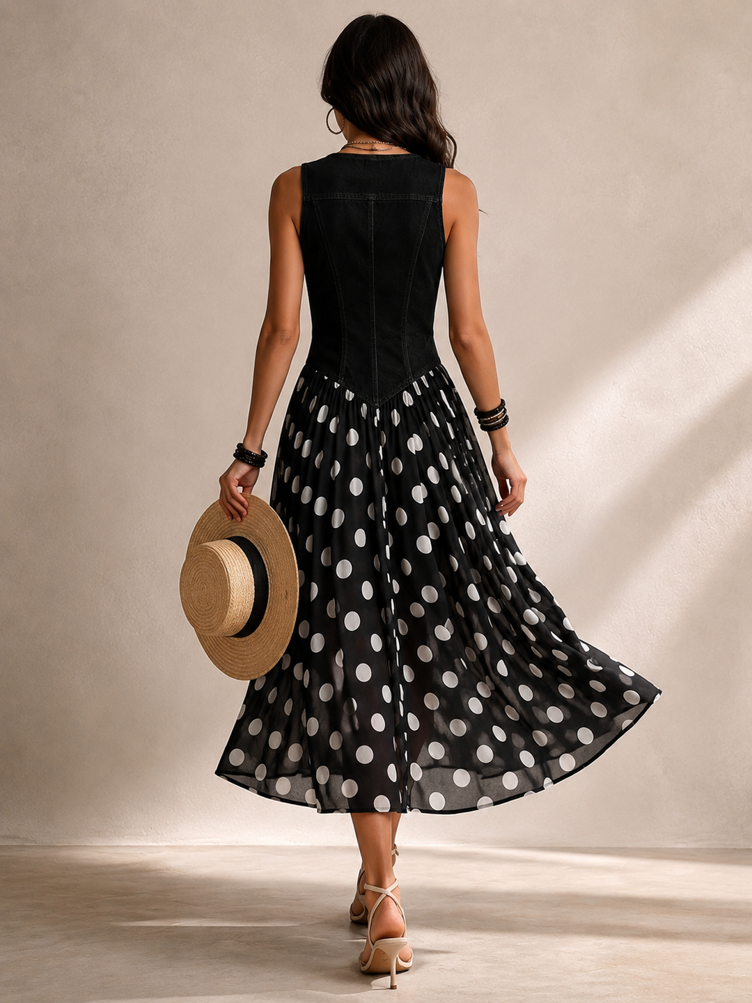 Ameliora - Gepunktetes Materialmix-Kleid