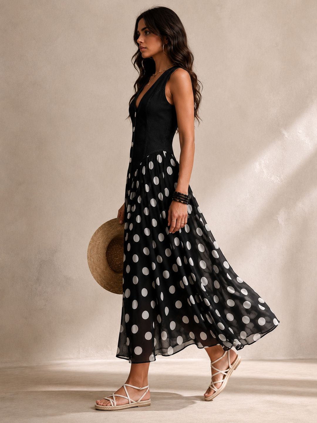 Ameliora - Gepunktetes Materialmix-Kleid