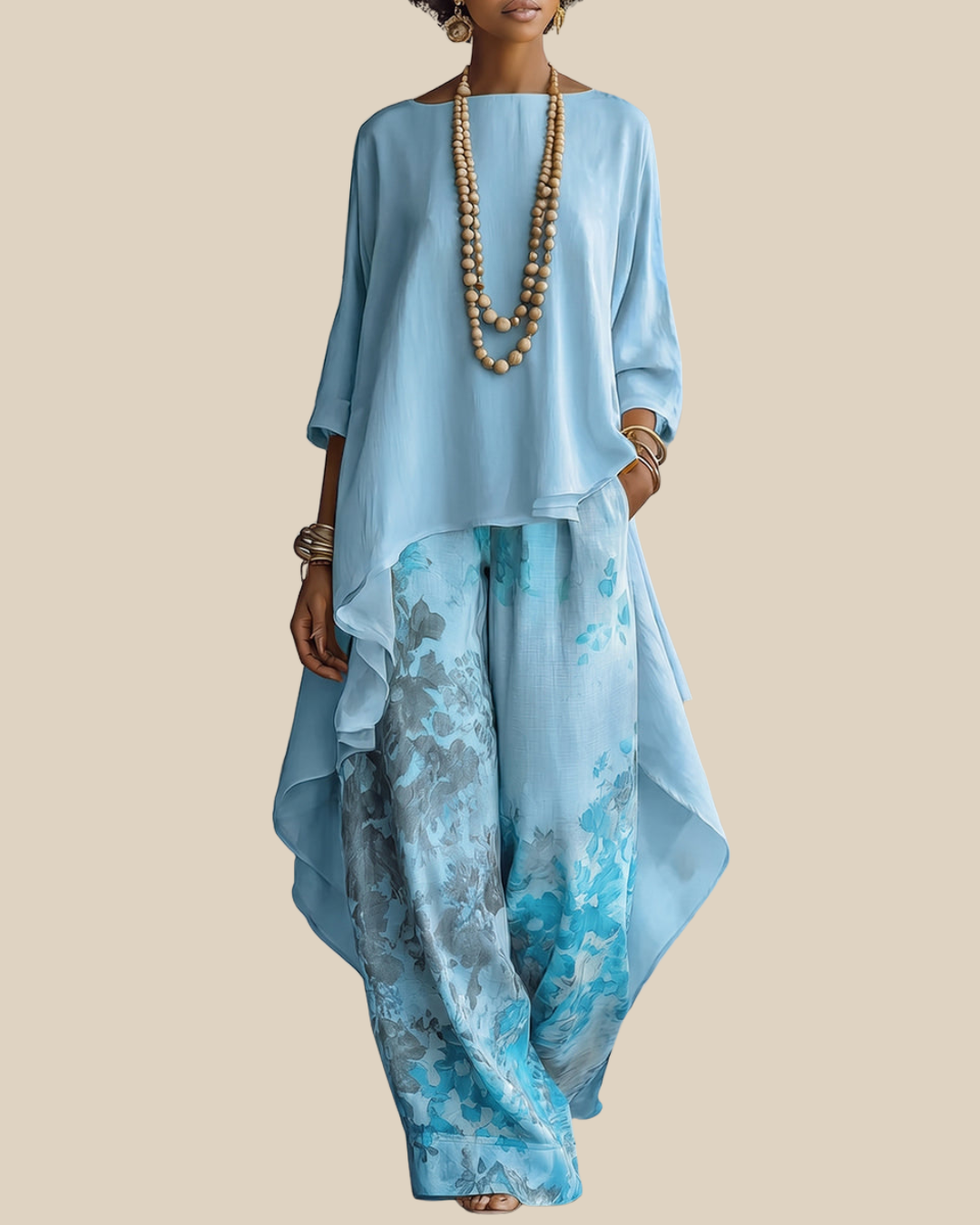 Anwyn - Zweiteiler: Chiffon-Top in Lagenoptik und weite Hose