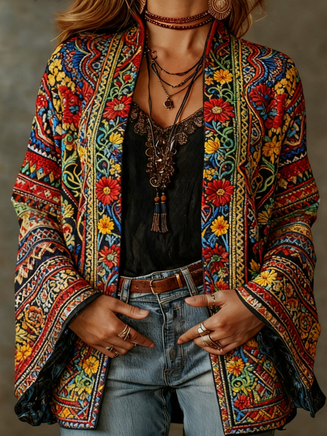 Eudocia - bestickter Kimono-Cardigan im Boho-Stil