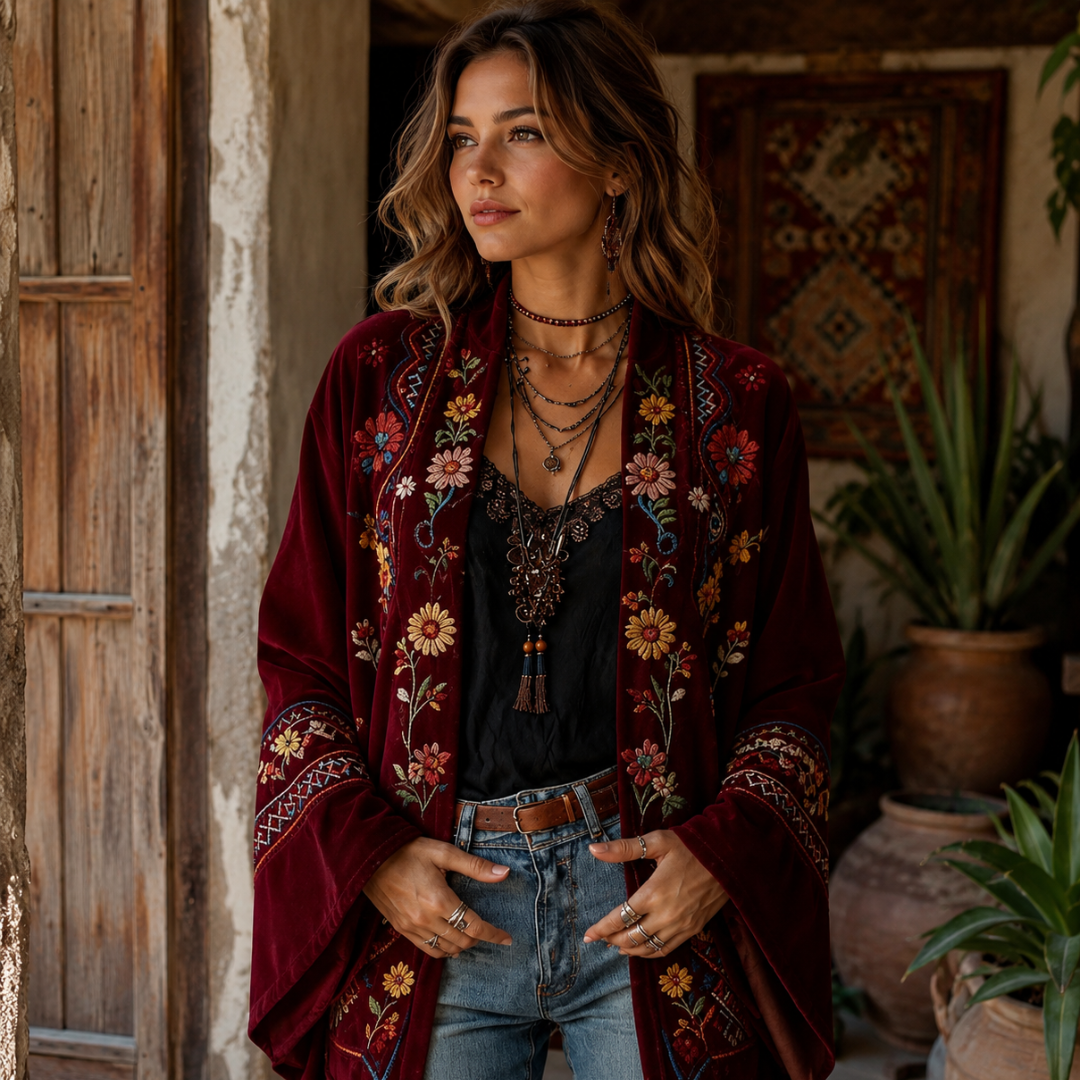 Eudocia - bestickter Kimono-Cardigan im Boho-Stil