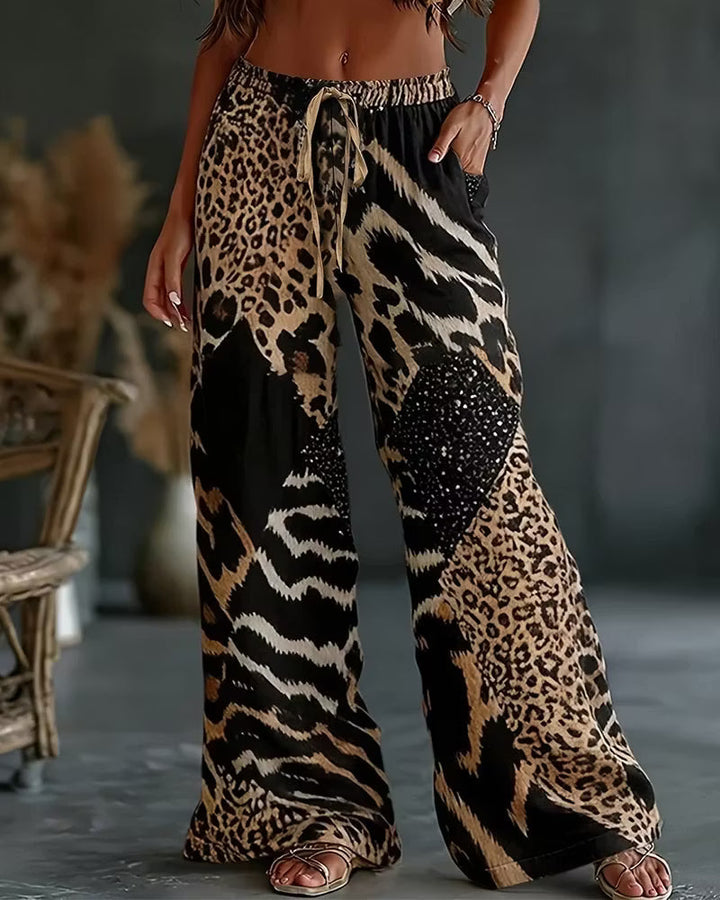 Elfrida - Weiche Patchwork-Hose mit Leopardenmuster und weitem Bein