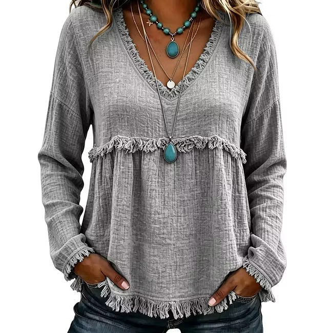 Ariselle - Bluse mit Fransenbesatz und V-Ausschnitt