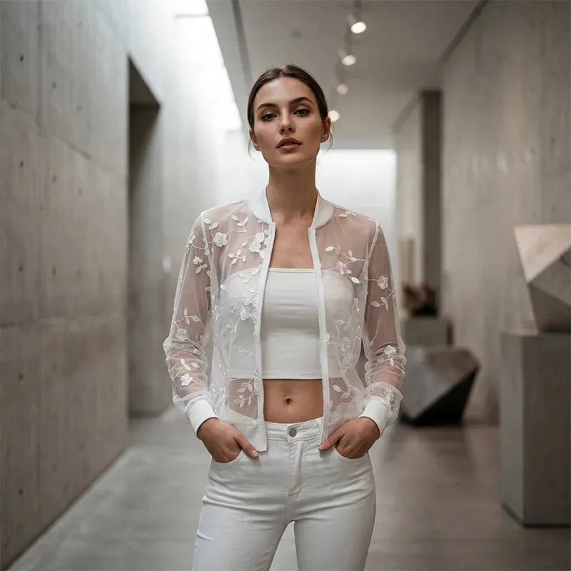Aderisse - Transparenter floraler Reißverschluss-Cardigan