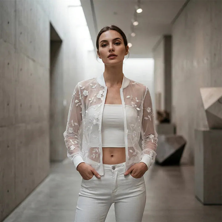 Aderisse - Transparenter floraler Reißverschluss-Cardigan