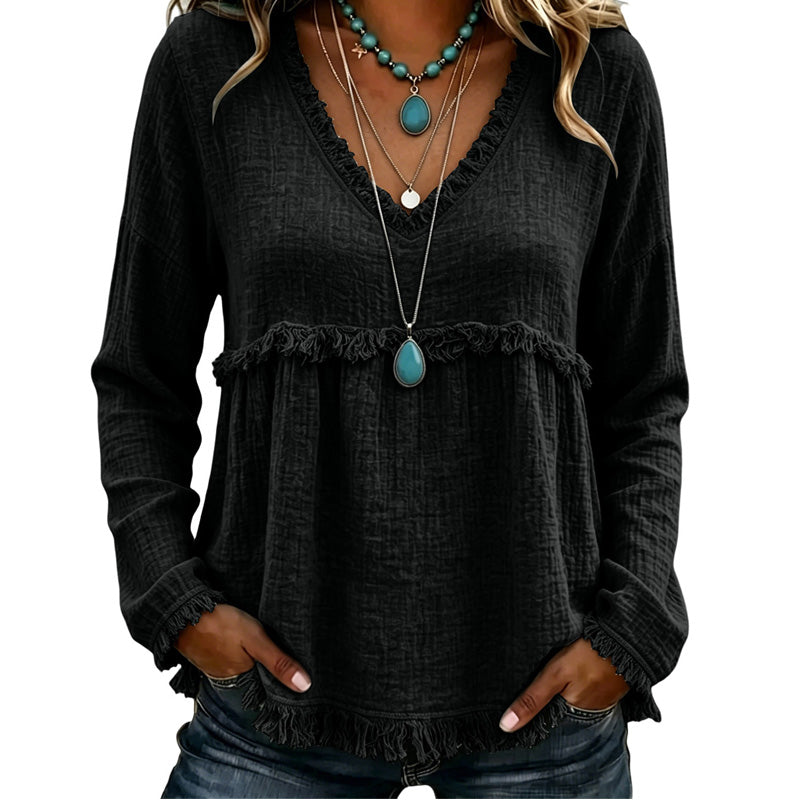 Ariselle - Bluse mit Fransenbesatz und V-Ausschnitt