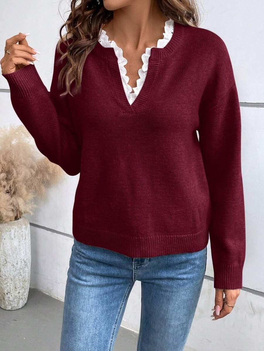 Aloraine - Soft-Touch V-Ausschnitt-Pullover mit Spitzenbesatz