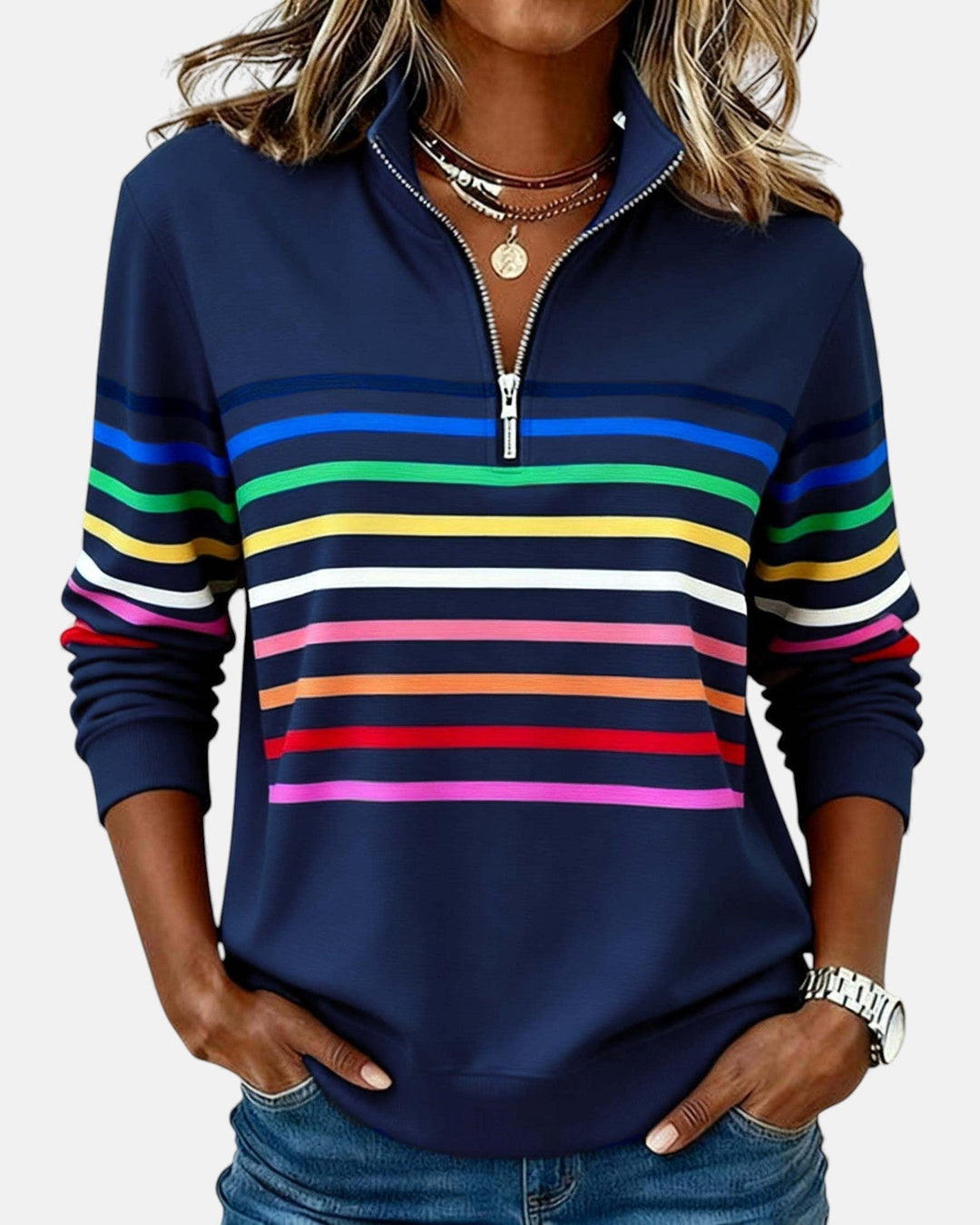 Corinelle - Gestreiftes Half-Zip-Sweatshirt in Soft-Touch-Qualität